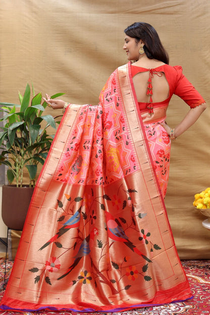 Breathtaking Pink Paithani Silk Saree With Delightful Blouse Piece