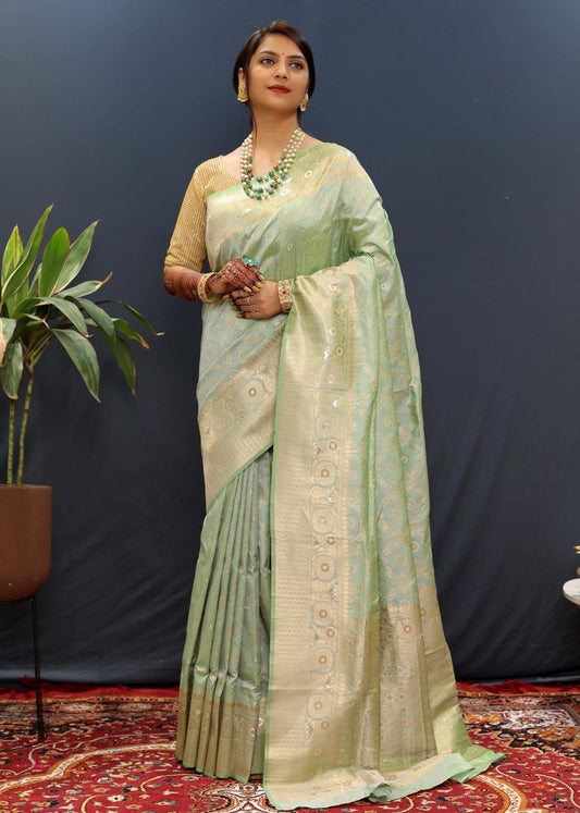 Serendipity Pista Soft Banarasi Silk Saree With Magnetic Blouse Piece