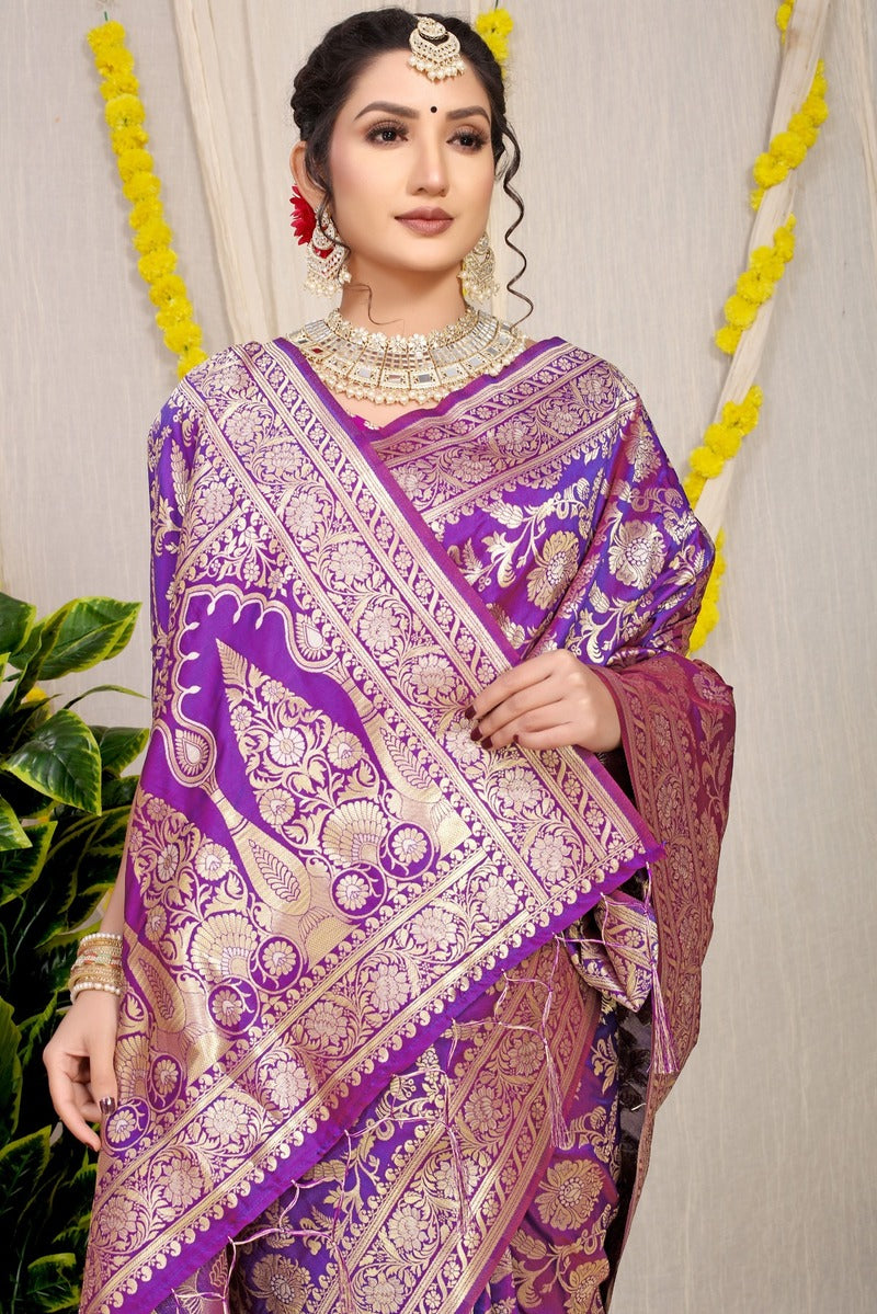 Stylish Purple Soft Banarasi Silk Saree With Nemesis Blouse Piece