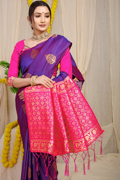 Stunner Purple Banarasi Silk Saree With Fairytale Blouse Piece