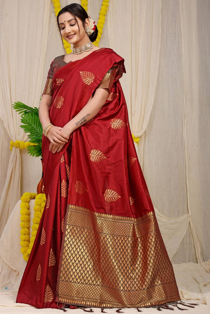 Glowing Maroon Soft Banarasi Silk Saree With Lissome Blouse Piece