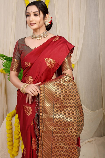 Glowing Maroon Soft Banarasi Silk Saree With Lissome Blouse Piece