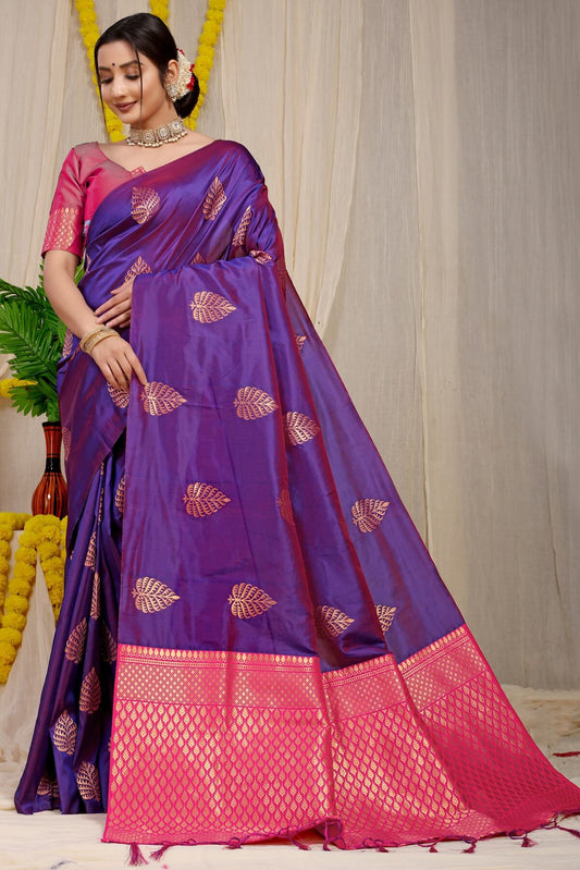 Prominent Purple Soft Banarasi Silk Saree With Lissome Blouse Piece