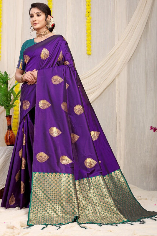 Stylish Royal Blue Banarasi Silk Saree With Adorable Blouse Piece