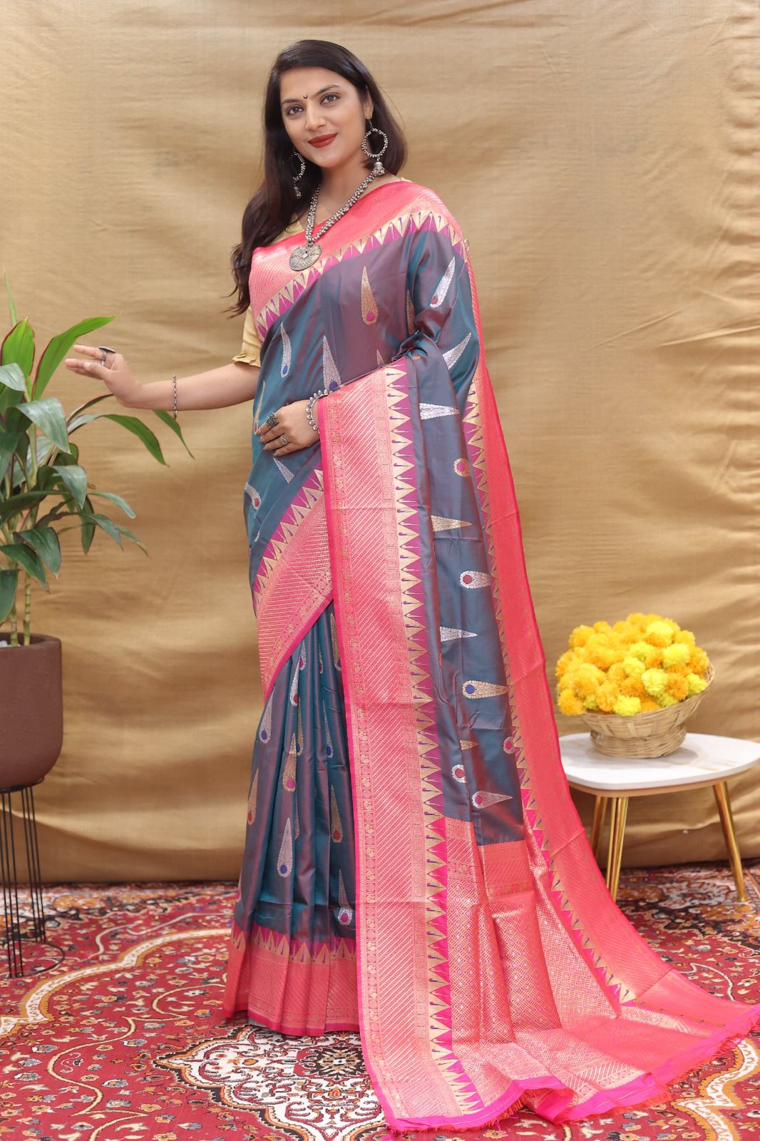 Skinny Grey Soft Banarasi Silk Saree With Designer Blouse Piece