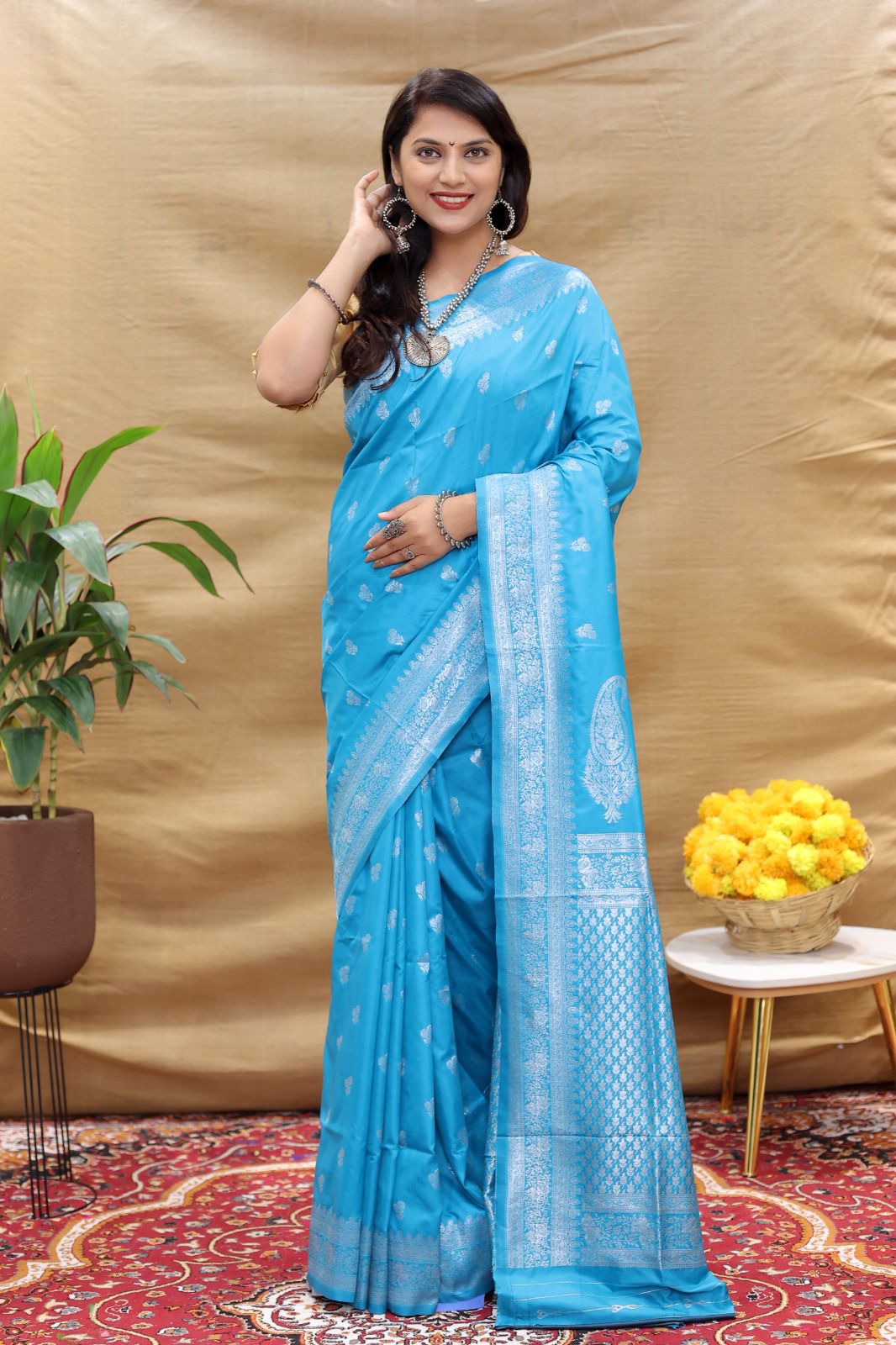 Pretty Firozi Soft Banarasi Silk Saree With Staring Blouse Piece