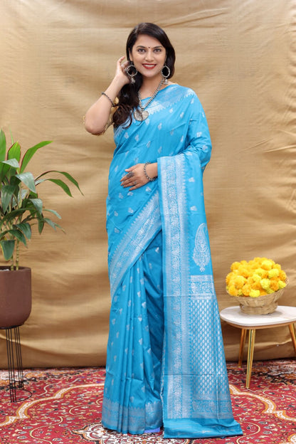 Pretty Firozi Soft Banarasi Silk Saree With Staring Blouse Piece