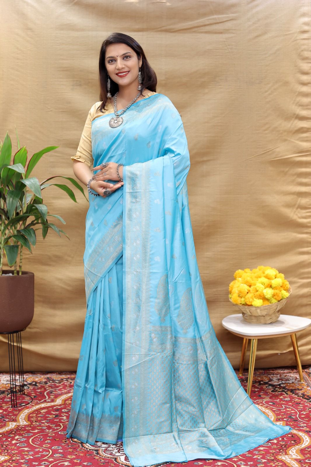 Smashing Sky Soft Banarasi Silk Saree With Tempting Blouse Piece