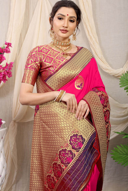 Gossamer Dark Pink Kanjivaram Silk With Sizzling Blouse Piece
