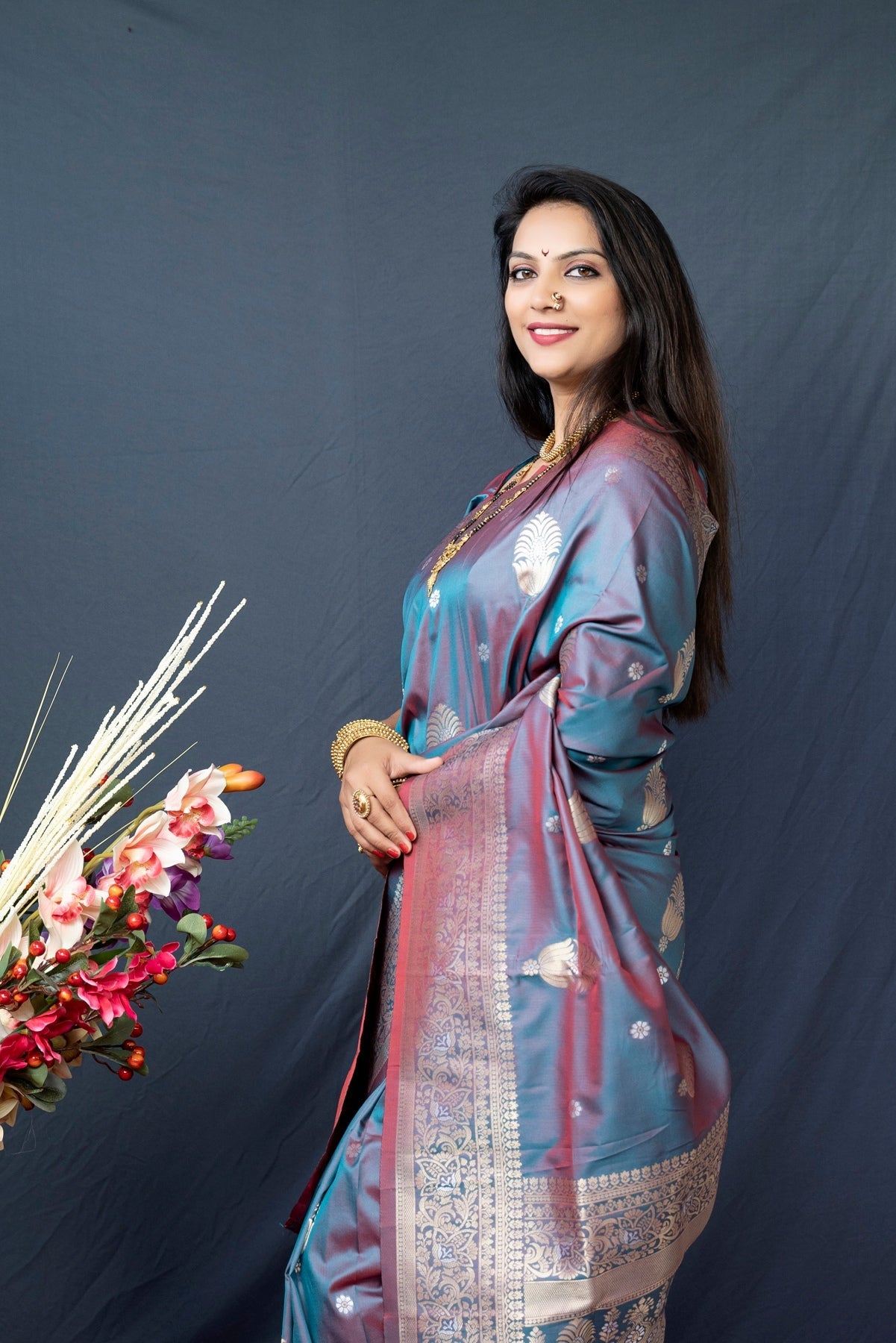 Propinquity Grey Kanjivaram Silk With Demure Blouse Piece