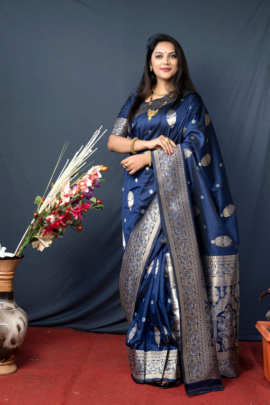 Palimpsest Navy Blue Kanjivaram Silk With Demure Blouse Piece