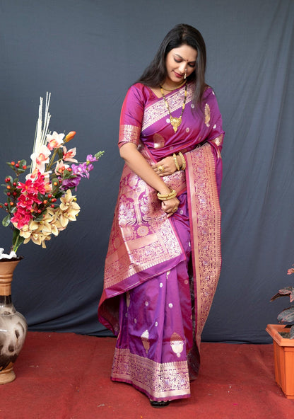 Panoply Purple Kanjivaram Silk With Demure Blouse Piece