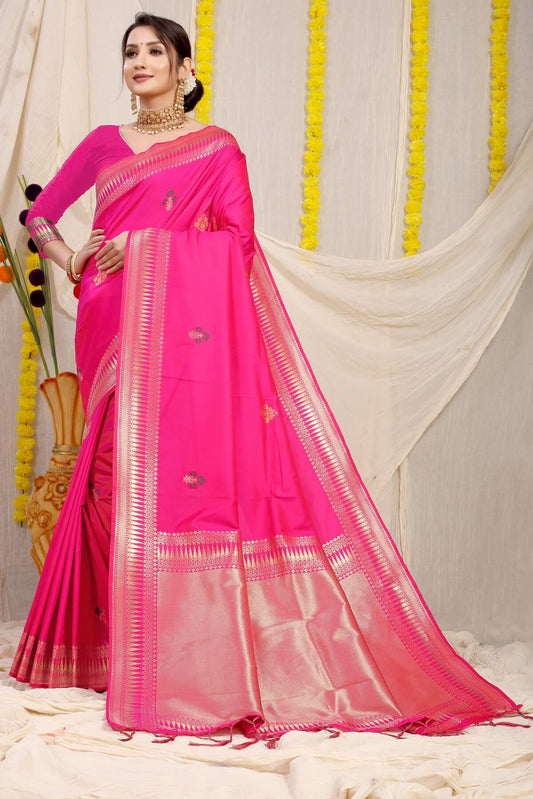 Quintessential Dark Pink Banarasi Silk Saree With Magnetic Blouse Piece