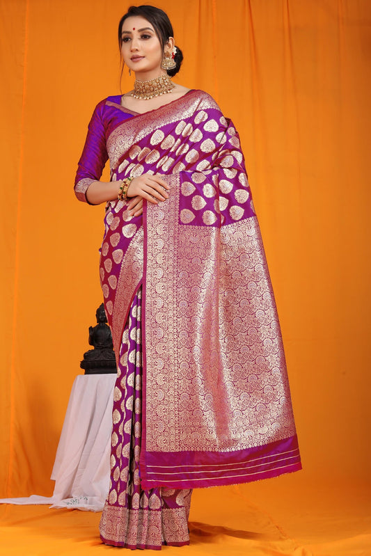 Surpassing Purple Banarasi Silk Saree With Divine Blouse Piece