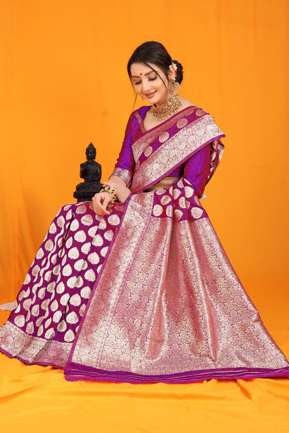 Surpassing Purple Banarasi Silk Saree With Divine Blouse Piece