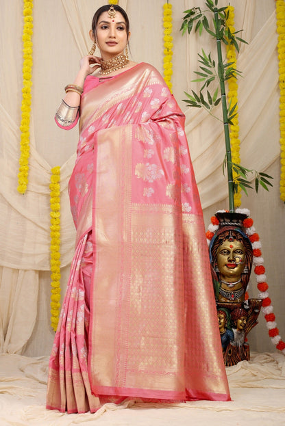 Tempting Baby Pink Kanjivaram Silk With Seraglio Blouse Piece