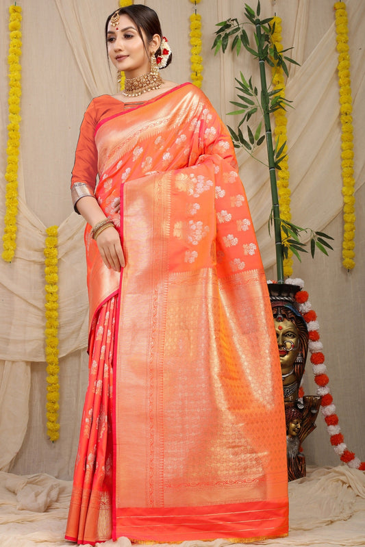 Enchanting Orange Kanjivaram Silk With Seraglio Blouse Piece