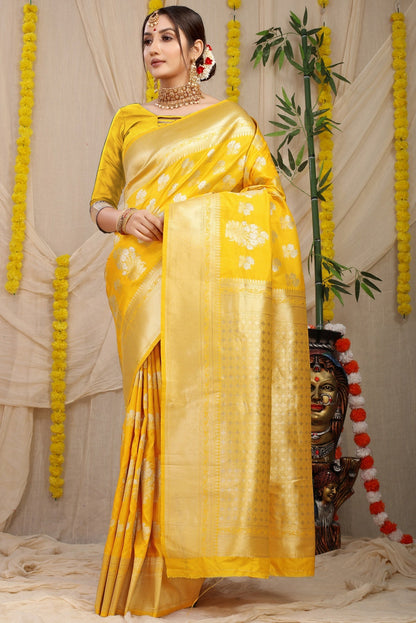 Divine Yellow Kanjivaram Silk With Seraglio Blouse Piece
