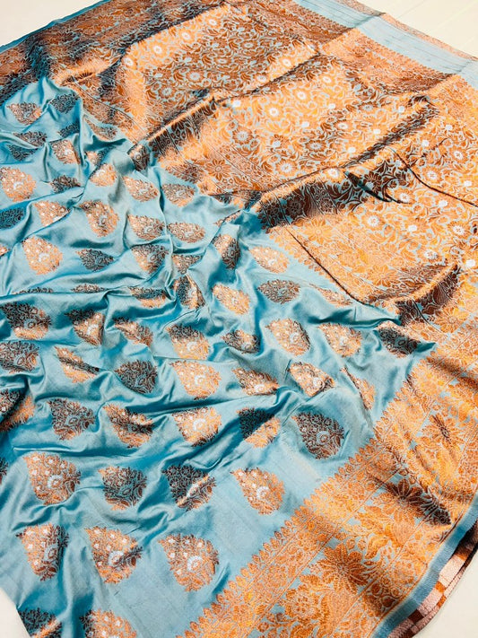 Staggering Sky Soft Banarasi Silk Saree With Splendorous Blouse Piece