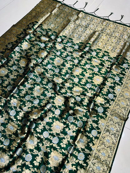 Refreshing Dark Green Banarasi Silk Saree With Fairytale Blouse Piece