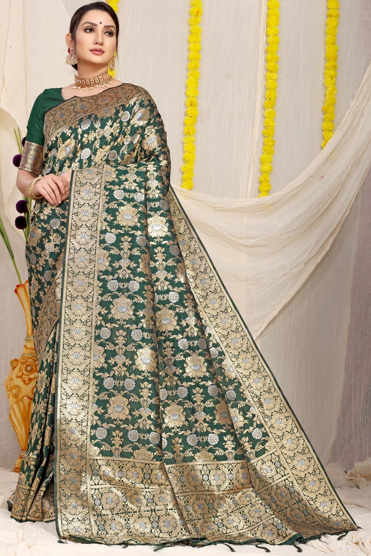 Refreshing Dark Green Banarasi Silk Saree With Fairytale Blouse Piece