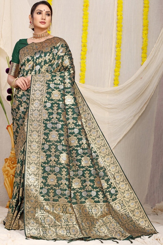 Refreshing Dark Green Banarasi Silk Saree With Fairytale Blouse Piece