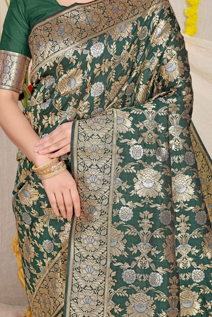 Refreshing Dark Green Banarasi Silk Saree With Fairytale Blouse Piece