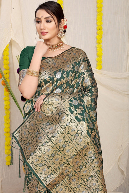 Refreshing Dark Green Banarasi Silk Saree With Fairytale Blouse Piece