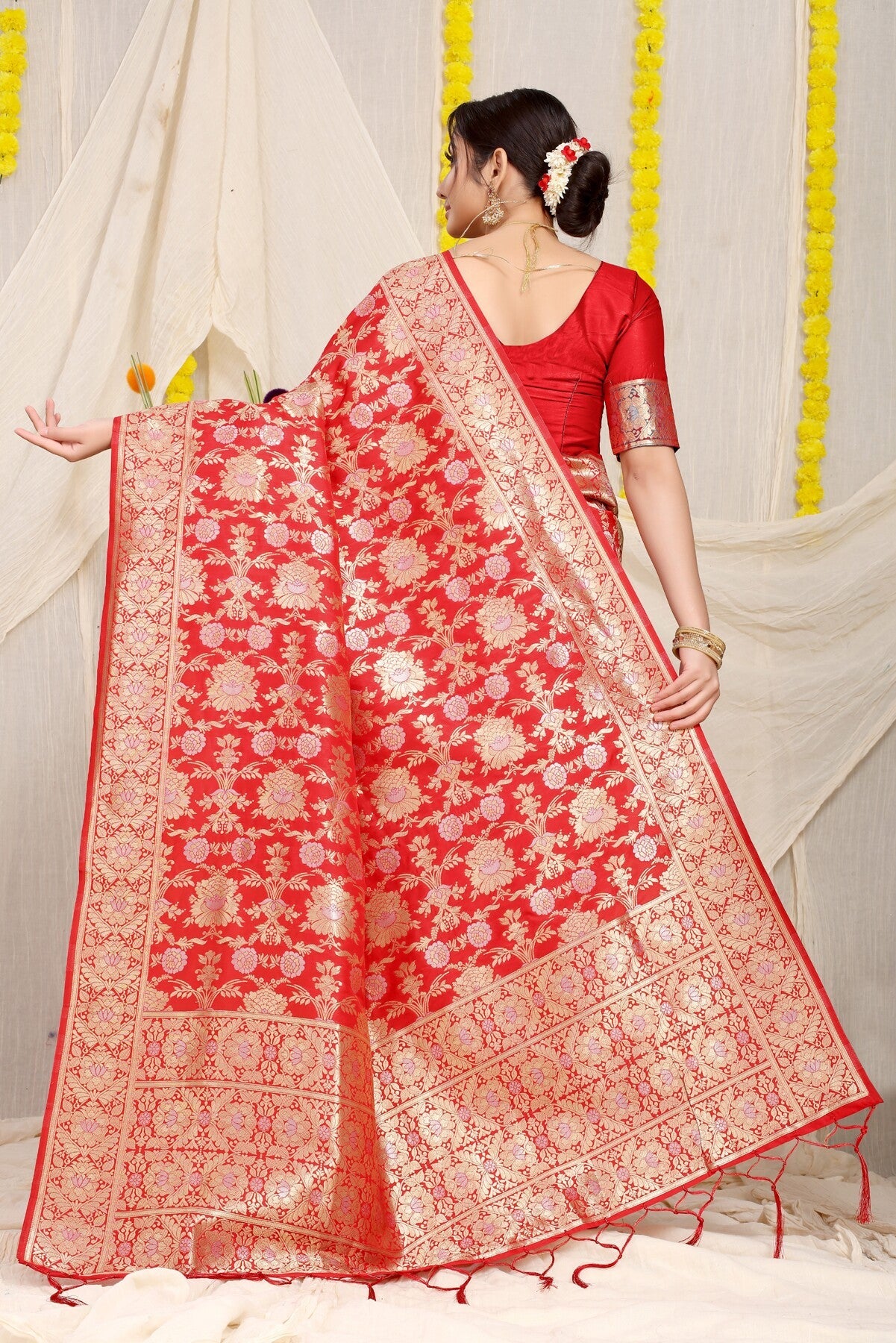Phenomenal Red Banarasi Silk Saree With Fairytale Blouse Piece