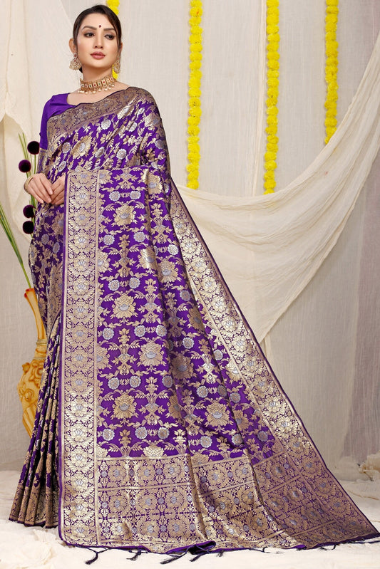 Phenomenal Royal Blue Banarasi Silk Saree With Fairytale Blouse Piece