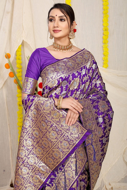Phenomenal Royal Blue Banarasi Silk Saree With Fairytale Blouse Piece