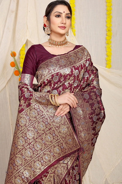 Ethnic Wine Banarasi Silk Saree With Fairytale Blouse Piece