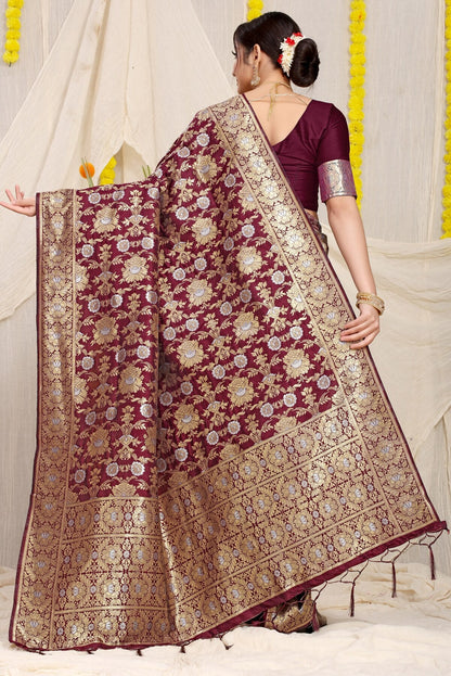Ethnic Wine Banarasi Silk Saree With Fairytale Blouse Piece