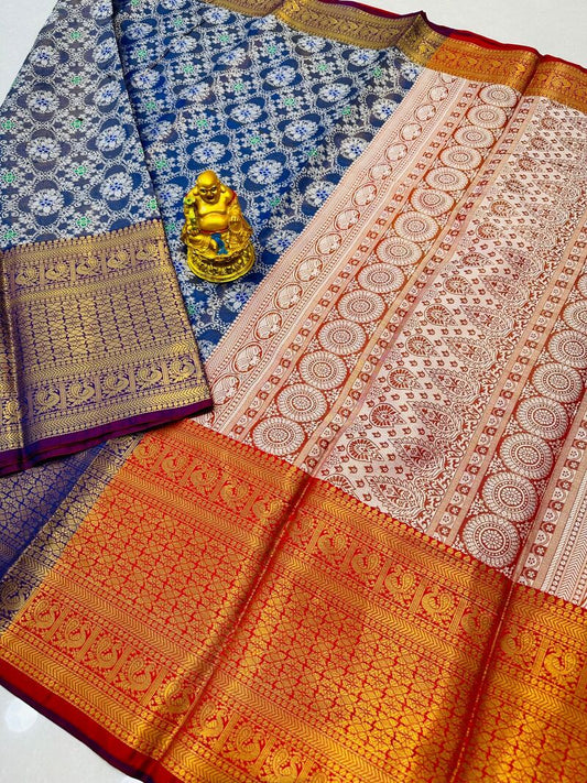 Conflate Blue Kanjivaram Silk and Angelic Blouse Piece