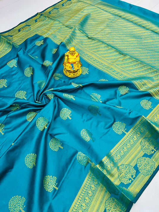 Wonderful Firozi Soft Banarasi Silk Saree With Supernal Blouse Piece