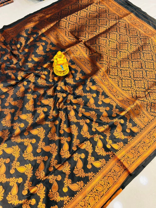 Unique Black Soft Banarasi Silk Saree With Beautiful Blouse Piece