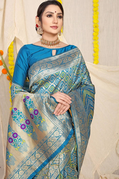 Fantabulous Firozi Soft Banarasi Silk Saree With Beautiful Blouse Piece
