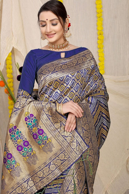 Staggering Navy Blue Soft Banarasi Silk Saree With Beautiful Blouse Piece