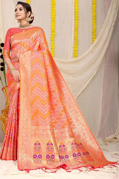 Woebegone Peach Soft Banarasi Silk Saree With Beautiful Blouse Piece