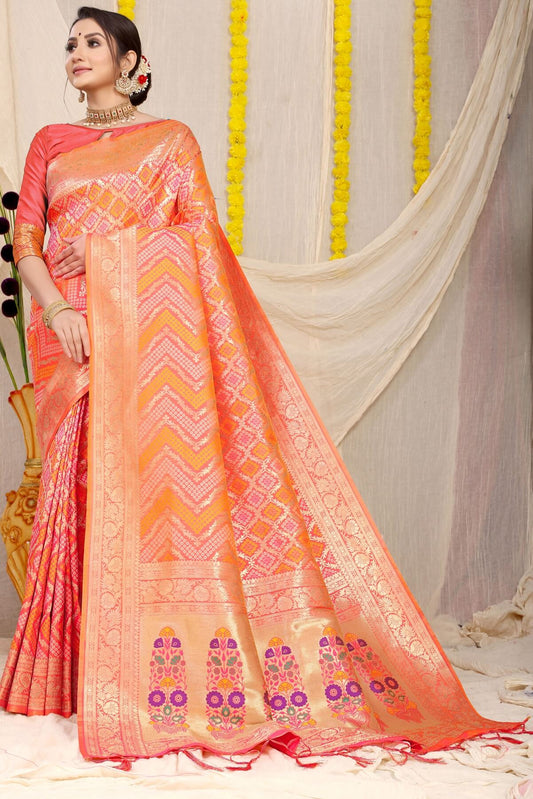 Woebegone Peach Soft Banarasi Silk Saree With Beautiful Blouse Piece