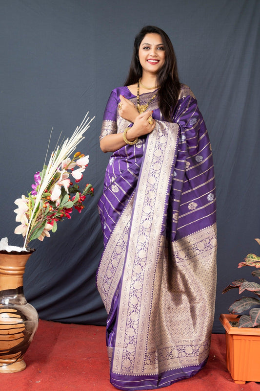Sizzling Royal Blue Banarasi Silk Saree With Pretty Blouse Piece