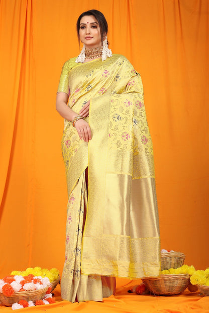 Lagniappe Lemon Kanjivaram Silk With Hypnotic Blouse Piece
