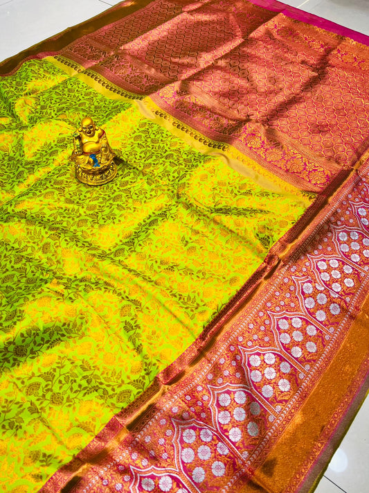 Magnetic Perrot Kanjivaram Silk Saree With Evanescent Blouse Piece