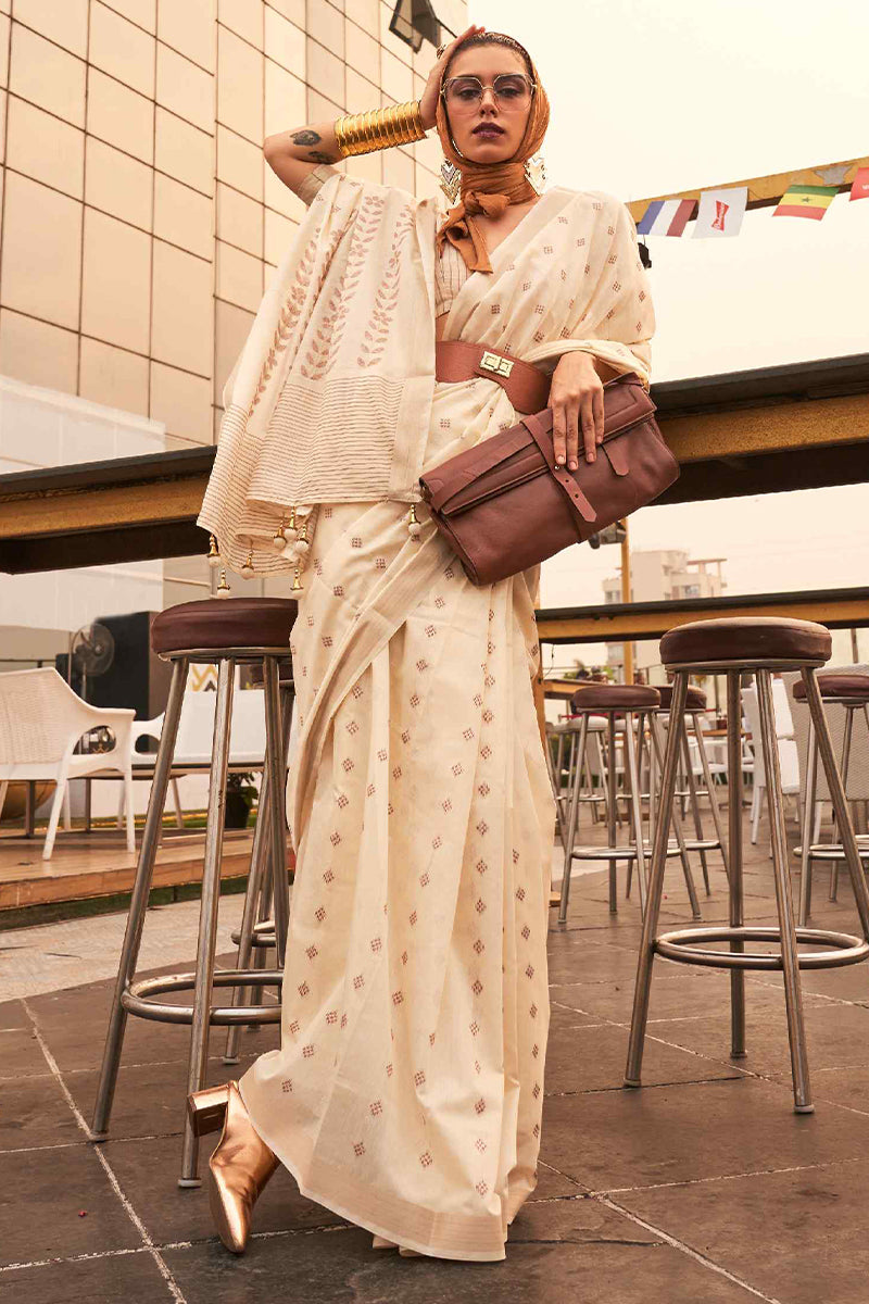Transcendent Beige Cotton Silk Saree With Glittering Blouse Piece