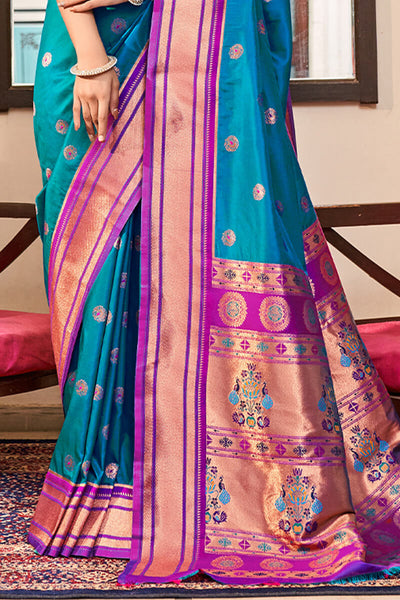 Artistic Firozi Paithani Silk Saree With Winsome Blouse Piece