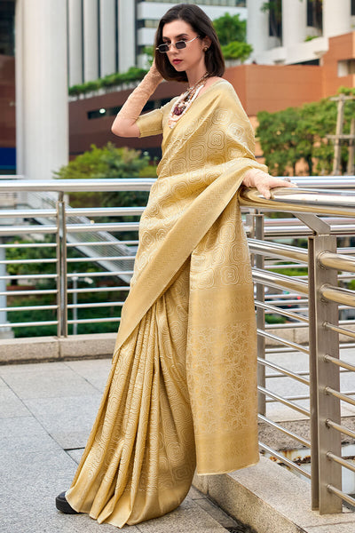 Seraphic Beige Kanjivaram Silk Saree With Fragrant Blouse Piece