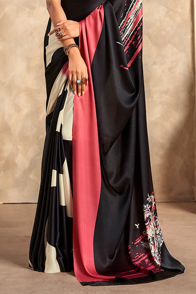 Attractive Black Digital Printed Satin Silk Saree With Skinny Blouse Piece