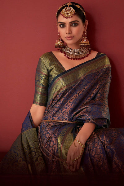Amazing Navy Blue Kanjivaram Silk Saree With Mesmerising Blouse Piece