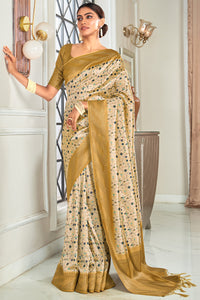 Adorning Beige Digital Printed Soft Silk Saree With Adoring Blouse Piece