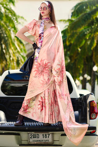 Brood Baby Pink Digital Printed Satin Silk Saree With Dissemble Blouse Piece